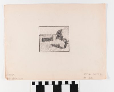 Piccola immagine quadrata di edificio in un campo su carta grande da Otto Burian